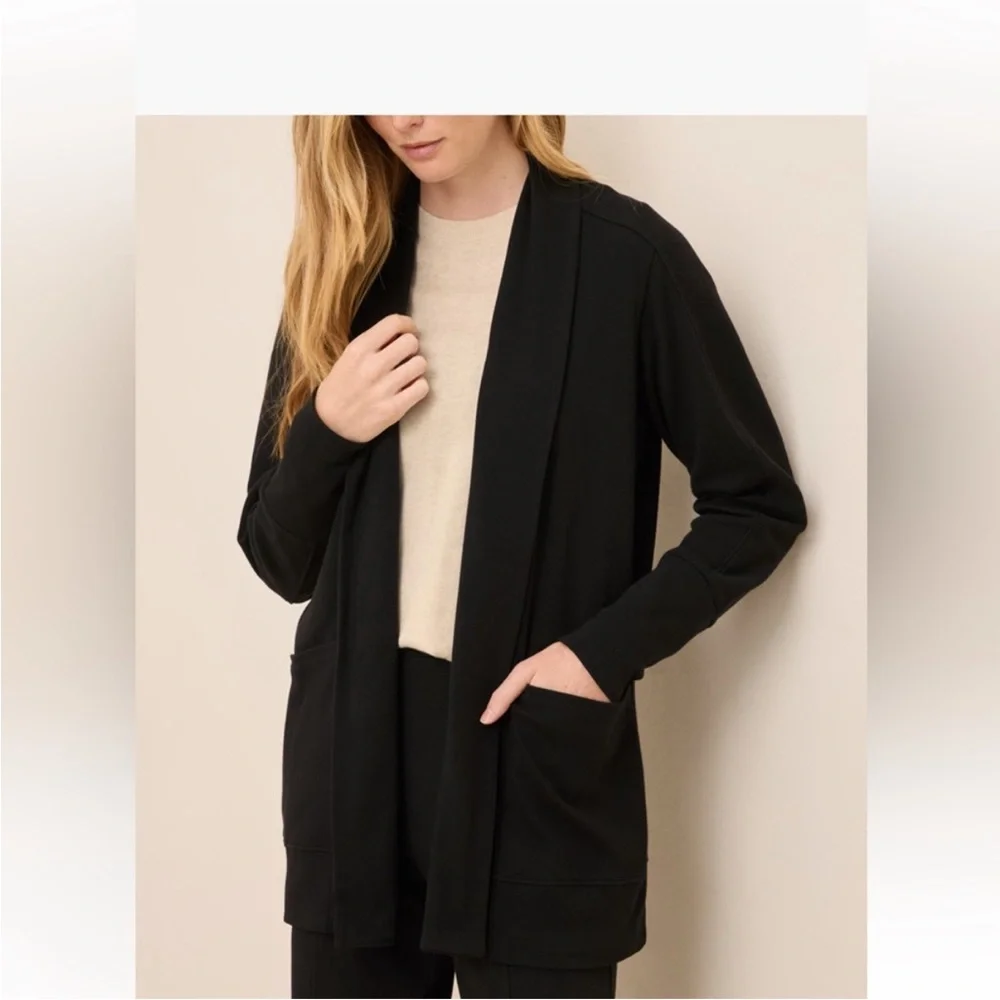 PACT Organic Cotton Airplane Wrap Cardigan Black Open Front Pockets‎ Capsule